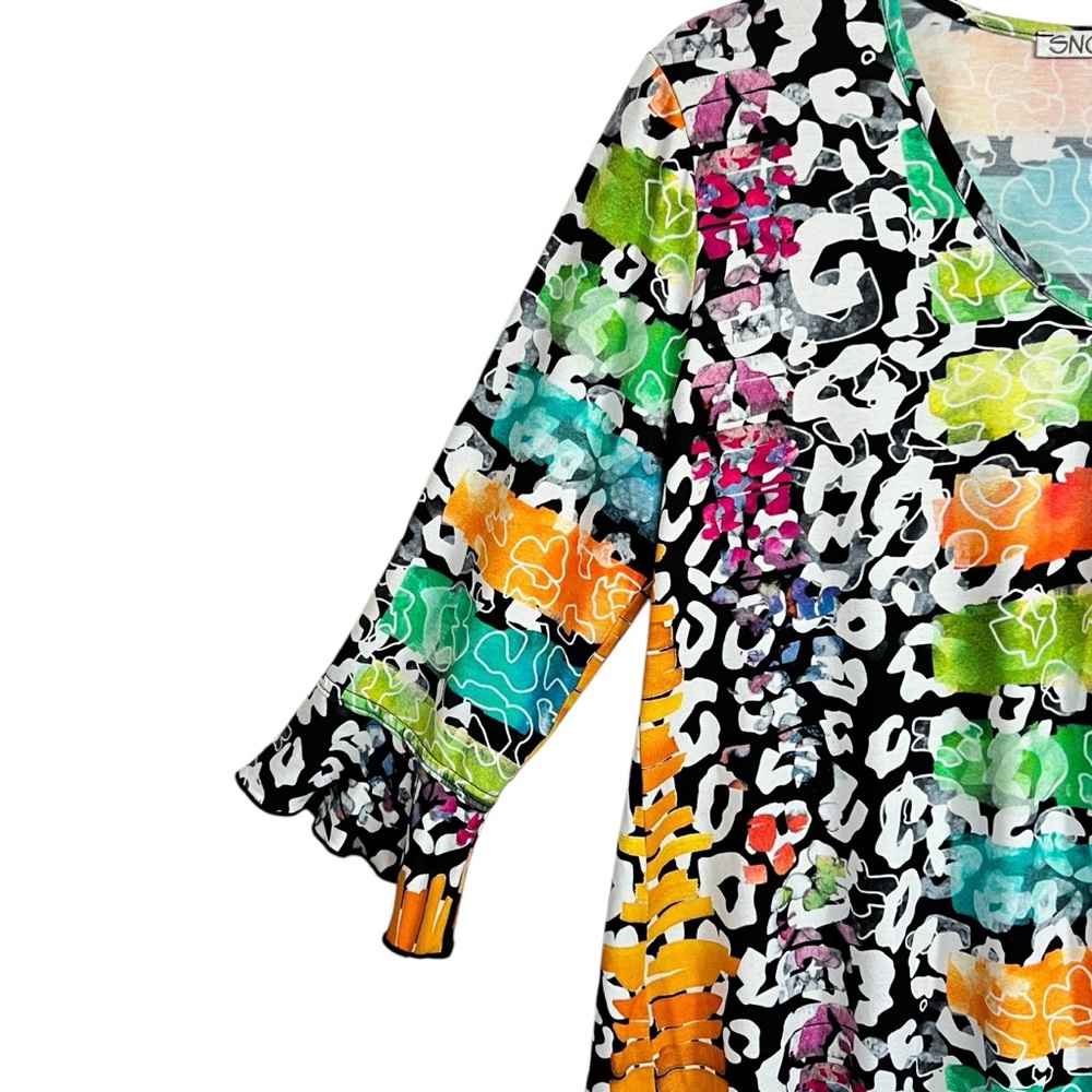 Snoskins Art To Wear Ruffle Sleeve Top M Abstract Unique Stretch Resortwear - Picture 3 of 6